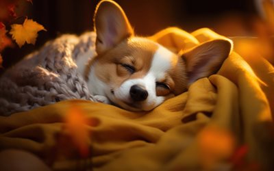Sleeping Corgi, 4K, cute animals, autumn, Welsh Corgi Pembroke, pets, Corgi under blanket, dogs, dog under blanket, Corgi