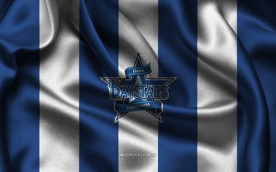 4k, Yokohama BayStars logo, blue white silk fabric, Japanese baseball team, Yokohama BayStars emblem, Nippon Professional Baseball, Yokohama BayStars, Japan, baseball, NPB