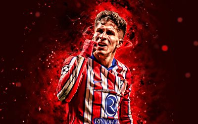 4k, giuliano simeone, contexte abstrait rouge, atletico madrid fc, la liga, footballeurs argentins, néons rouges, giuliano simeone 4k, football, laliga, giuliano simeone atletico madrid