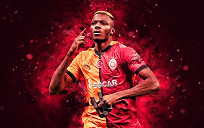 4k, victor osimhen, mor soyut arka plan, galatasaray fc, süper lig, nijeryalı futbolcular, victor osimhen 4k, futbol, mor neon işıklar, galatasaray sk, victor osimhen galatasaray