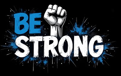 Be strong, 4K, black background, grunge art, Be strong art, hand with clenched fist, Be strong concepts, Be strong T-shirt art, Be strong graffiti