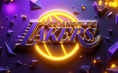 los angeles lakers logotyp i metall, 4k, violett 3d bakgrund, nba, basketboll, los angeles lakers logotyp, gula neonljus, los angeles lakers 3d logotyp, amerikansk basketlag, los angeles lakers, la lakers