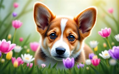 4k, walesisk corgi pembroke valp, närbild, fjädra, bokeh, hundkapplöpning, söta djur, valpar, corgi, husdjur, walesiska corgi pembroke, vårblommor, valp på gräsmattan, walesisk corgi pembroke hund