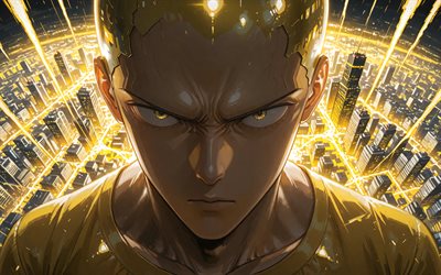 4k, saitama, nachtlandschaft, gelbe neonstrahlen, one punch man, nacht, protagonist, hagemanto, one punch mann, onepunchman, saitama one punch man