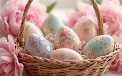 paskalya yumurtaları bir sepet içinde dekore edilmiştir, mutlu paskalyalar, paskalya yumurtaları, bahar, paskalya kavramları, paskalya süsleri, pembe güller, paskalya