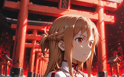yuuki asuna, 4k, noche, puertas torii, arte de espada en línea, resplandor rojo, manga, protagonista, asuna yuuki, personajes de sword art online, asuna, yuuki asuna espada arte en línea