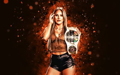 Fallon Henley, 4k, brown neon lights, WWE, creative, american wrestler, Fallon Henley with belt, brown abstract background, World Wrestling Entertainment, wrestlers, Fallon Henley 4K