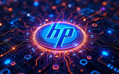 logotipo brilhante da hewlett packard, 4k, escuridão, fundo azul de alta tecnologia, microcircuitos, condutores, marcas de eletrônicos, bokeh, logotipo da hewlett packard no microcircuito, marcas, logotipo da hewlett packard, hewlett packard, logotipo da hp, hp