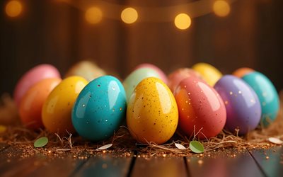4k, oeufs de pâques colorés, bokeh, joyeuses pâques, décorations de pâques, reflet doré, oeufs de pâques, milieux de pâques, pâques