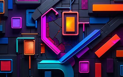 4k, figuras coloridas, geometría, figuras 3d, diseño de materiales, formas geométricas, arte de madera, creativo, patrón geométrico fragmentado, fondo colorido 3d, fondo abstracto colorido, formas, fondos 3d