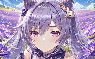 4k, Keqing, summer, purple flowers, Genshin Impact, meadow, flower field, creative, anime characters, Genshin Impact characters, Keqing Genshin Impact