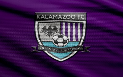 Kalamazoo FC fabric logo, 4k, violet fabric background, USL League Two, bokeh, soccer, Kalamazoo FC logo, football, Kalamazoo FC emblem, Great Lakes Division, Kalamazoo FC, american soccer club, FC Kalamazoo
