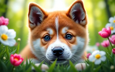 4k, cachorro akita inu, de cerca, primavera, bokeh, perros, animales lindos, cachorros, mascotas, akita inu, flores de primavera, cachorro en el césped, perro akita inu