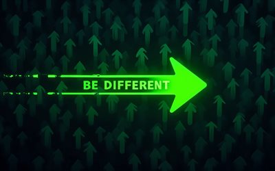 Be different, 4k, green neon arrow, creative, Be different concepts, darkness, arrows patterns, Be different inscription, artwork, Be different art