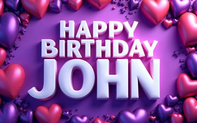 존 생일 축하해, 4k, 보라색 배경, 존 이름, 창의적인, 존 생일, 인기있는 미국 남자 이름, 보라색 3d 하트, 이름이 john인 사진, 남자