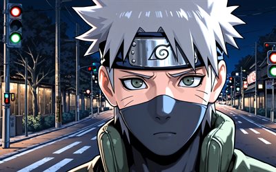 kakashi hatake, 4k, calle, semáforo, naruto, noche, sharingan, obra de arte, hatake kakashi, manga, personajes de naruto, kakashi hatakenaruto