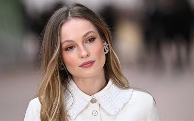 hannah dodd, 4k, retrato, estrellas de cine, vestido azul, belleza, actriz inglesa, mujer rubia, celebridad inglesa, sesión de fotos de hannah dodd