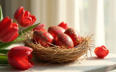 Red Easter eggs with ornaments, Happy Easter, Easter concepts, red Easter eggs, Easter decorations, Easter, red tulips, spring
