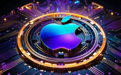 logotipo metálico da apple, 4k, fundo colorido de alta tecnologia, arte 3d, microcircuitos, condutores, marcas de eletrônicos, logotipo 3d da apple, marcas, logotipo colorido da apple, obra de arte, logotipo da maçã, maçã