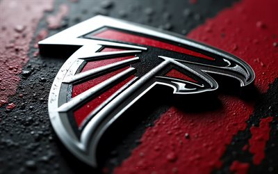 Atlanta Falcons metal logo, 4k, burgundy metal background, metal art, Atlanta Falcons emblem, USA, Atlanta Falcons, American football, Atlanta Falcons logo, NFL