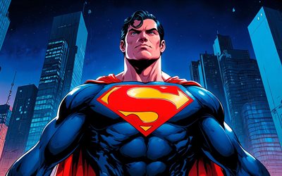 superhombre, 4k, paisaje nocturno, arte vectorial, superhéroes, cómics marvel, paisaje urbano azul, arte de superman, fan art, superhombre 4k