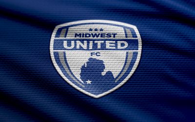 Midwest United FC fabric logo, 4k, blue fabric background, USL League Two, bokeh, soccer, Midwest United FC logo, football, Great Lakes Division, Midwest United FC, american soccer club, Midwest United