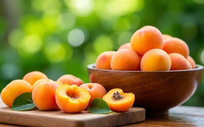 cuenco de madera con albaricoques, 4k, bokeh, frutas de verano, frutas frescas, de cerca, frutas maduras, albaricoques maduros, fondo con albaricoques, frutas, albaricoques