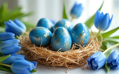 buona pasqua, concetti pasquali, uova di pasqua blu, decorazioni pasquali, pasqua, tulipani blu, primavera