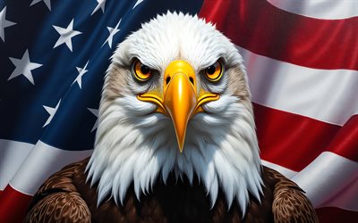 그려진 대머리 독수리, 4k, 미국 국기, 육식 동물 새, 흰머리 독수리, 7월 4일, 미국, 포식자