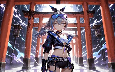 4k, lobo plateado, puertas torii, noche, carril estelar honkai, resplandor violeta, personajes de anime, manga, personajes de honkai star rail, carril estelar honkai del lobo plateado