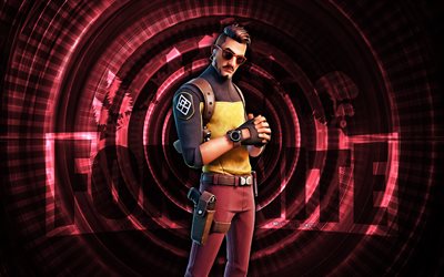 نظارات على هوغو فورتنايت, 4k, خلفية دوامة الوردي, فورتنايت, مبدع, نظارات على جلد هوغو, نظارات fortnite على جلد hugo, نظارات على هوغو, شخصيات فورتنايت