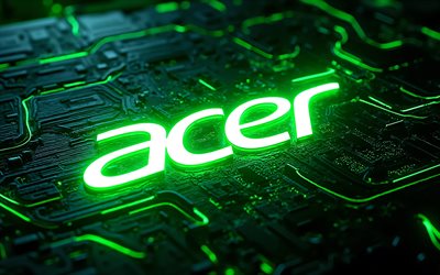 logotipo brilhante da acer, 4k, escuridão, fundo 3d escuro, microcircuitos, condutores, marcas de eletrônicos, bokeh, logotipo neon verde da acer, marcas, obra de arte, logotipo da acer, acer