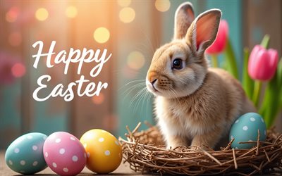 4k, frohe ostern, bokeh, kalligrafische 3d buchstaben, ostereier, bunte tulpen, osterdekorationen, osterhasen, osterhintergründe, ostern