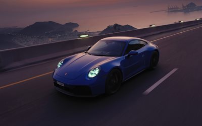 porsche 911 carrera gts, 4k, crepúsculo, 2026 coches, faros, porsche 911 carrera gts azul, superdeportivos, 2026 porsche 911 carrera gts, coches alemanes, porsche