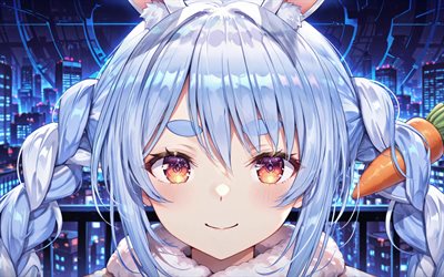 4k, أوسادا بيكورا, عن قرب, comnightscape, مستخدم youtube الافتراضي, ناطحات السحاب, جزر, vtuber, مبدع, هولولايف, مانغا, قناة يوسادا بيكورا, usada pekora مستخدم youtube الافتراضي