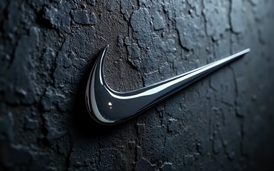 logotipo metálico elegante de nike, fondo de piedra oscura, 4k, logotipo de acero cromado de nike, emblema de nike, logotipo de nike, signo de nike, nike