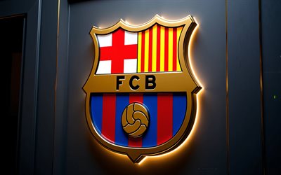 logo en tissu du fc barcelone, 4k, mur gris, fc barcelone, la liga, texture de soie bleu bordeaux, logo sur le mur, logo du fc barcelone, emblème du fc barcelone, espagne, football, logo de barcelone, barcelone