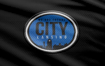 Lansing City FC fabric logo, 4k, black fabric background, USL League Two, bokeh, soccer, Lansing City FC logo, football, Great Lakes Division, Lansing City FC, american soccer club, Lansing City