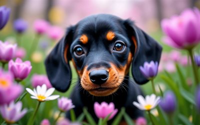 4k, cachorro de perro salchicha, de cerca, primavera, bokeh, perros, animales lindos, cachorros, mascotas, perro tejonero, flores de primavera, cachorro en el césped, perro salchicha