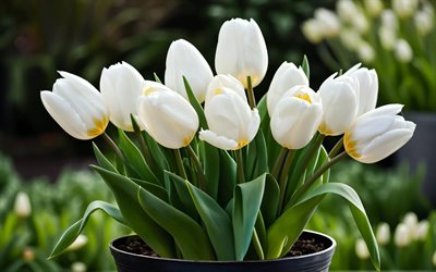 4k, white tulips, bokeh, buds, spring flowers, bouquet of tulips, beautiful flowers, spring, background with tulips, white flowers, white buds, tulips