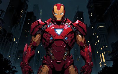 hombre de hierro, 4k, noche, edificios, cómics marvel, superhéroes, arte del hombre de hierro, creativo, hombre de hierro 4k