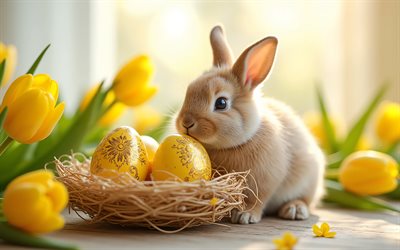 Easter bunny with yellow Easter eggs, 4k, Happy Easter, yellow Easter eggs, Easter bunny, Easter, tulips, Easter eggs, Easter decorations