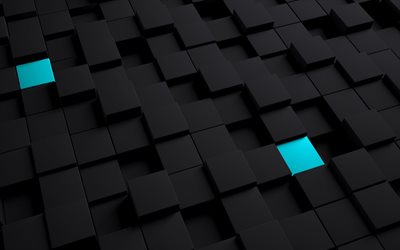 4k, noir cubes, le bleu des cubes, des créatifs, des formes géométriques, à des cubes