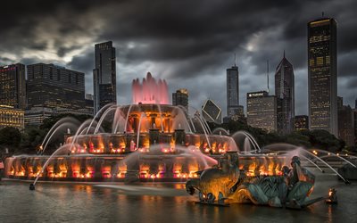 Buckingham Fountain, Chicago, evening, cityscape, skyscrapers, USA, American cities