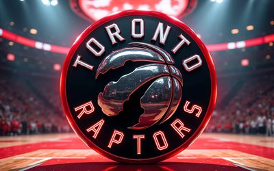4k, logo in metallo dei toronto raptors, bokeh, faretti, sfondo dello stadio di basket, nba, creativo, pallacanestro, il logo dei toronto raptor, logo 3d dei toronto raptors, squadra di basket canadese, toronto raptor