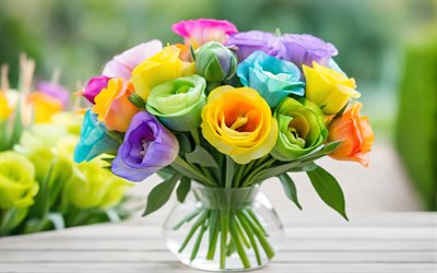 4k, renkli eustoma, gökkuşağı buketi, bahçe, cam vazo, bokeh, eustoma buketi, güzel çiçekler, gökkuşağı çiçekleri, eustoma ile arka plan, renkli çiçekler, eustoma
