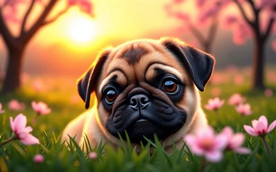 4k, पग पिल्ला, सूर्यास्त, वसंत, चेरी खिलना, कुत्ते, प्यारे जानवर, पिल्लों, पालतू जानवर, बंदर, bokeh, वसंत के फूल, पग कुत्ता