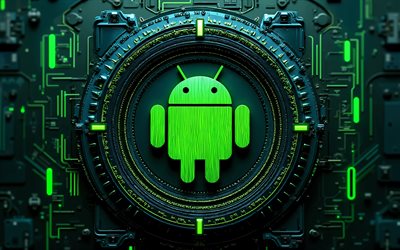 شعار أندرويد ثلاثي الأبعاد, 4k, خلفية داكنة عالية التقنية, وهج أخضر, الموصلات, العلامات التجارية لنظام التشغيل, مبدع, شعار android على الدائرة المصغرة, العلامات التجارية, شعار أندرويد متوهج, عمل فني, شعار أندرويد, أندرويد