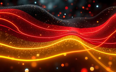 4k, almanya parlayan bayrak, bokeh, almanya bayrağı, almanya günü, 3 boyutlu sanat, alman bayrağı, almanya neon bayrağı, neon dalgalar almanya bayrağı, almanya 3d bayrağı, almanya soyut bayrağı, almanya