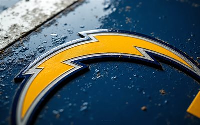 los angeles chargers logotyp i metall, 4k, blå metall bakgrund, nfl, los angeles chargers emblem, usa, los angeles chargers logotyp, los angeles laddare, amerikansk fotboll